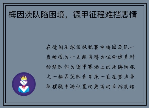 梅因茨队陷困境，德甲征程难挡悲情